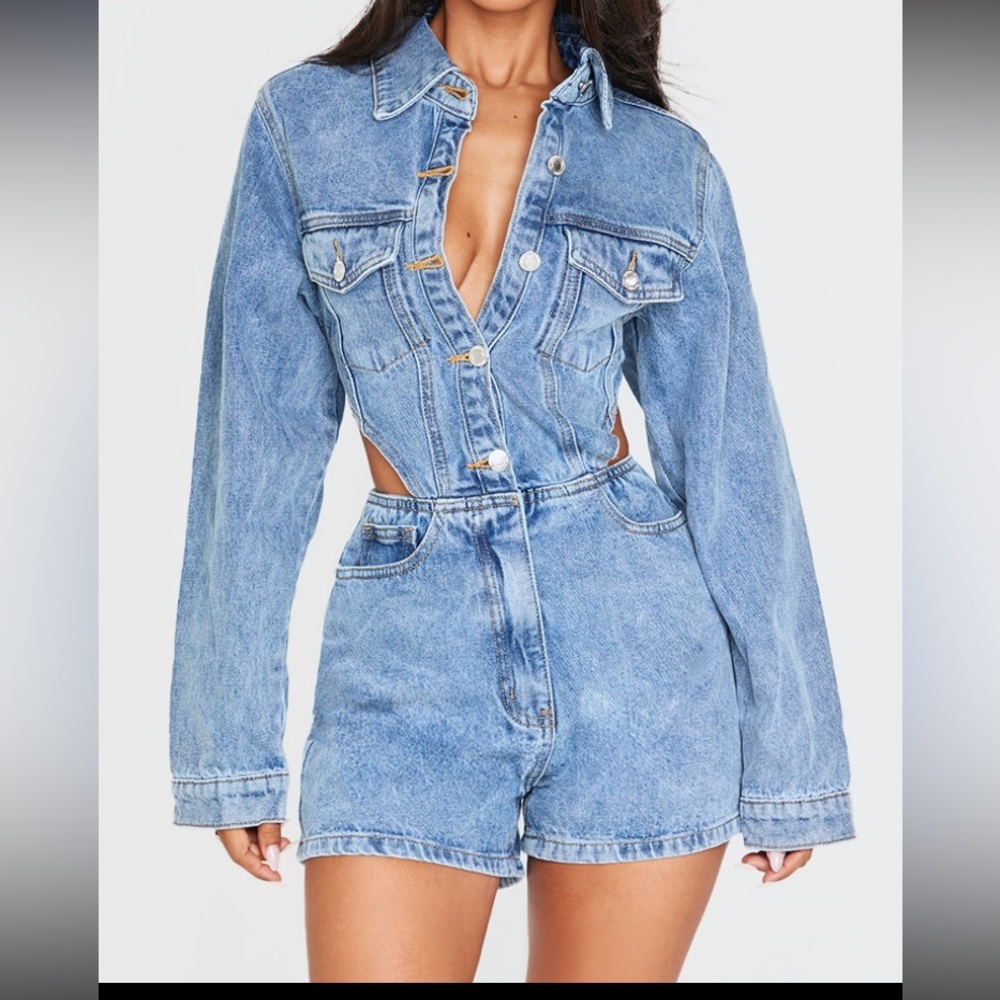 Petit light blue wash denim cut out romper